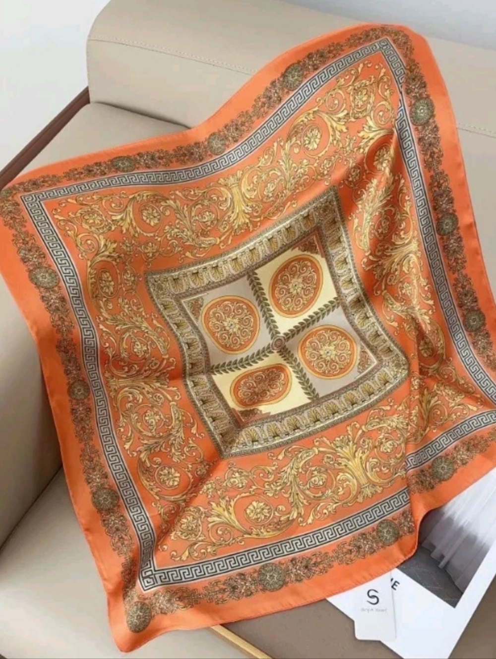 Silk-Feel Orange Baroque Print Scarf - Women's Accessory